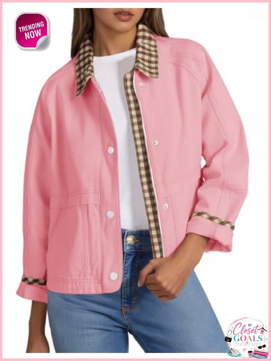 Jackets & Blazers - Women's Cropped Barn Jacket Zip Up Lightweight 100% Cotton Plaid Canvas Coat